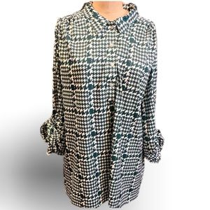 Vintage green white geometric houndstooth check button down shirt plus‎ size